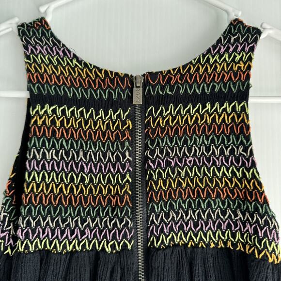 Roxy Black Shirred Dress Multicolored Stitching - Picture 5 of 8